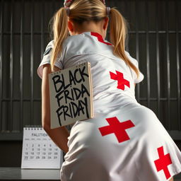 Extreme close-up of a gorgeous nurse with blond pigtails, dressed in a white miniskirt uniform featuring a red cross