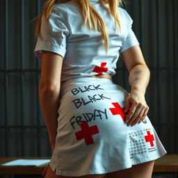 Extreme close-up of a stunning nurse with blonde pigtails, dressed in a white miniskirt uniform featuring a red cross