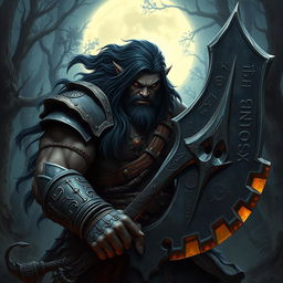 A powerful half-orc warrior with long flowing black hair and striking orange eyes, exuding both strength and wisdom