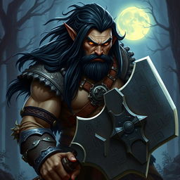 A powerful half-orc warrior with long flowing black hair and striking orange eyes, exuding both strength and wisdom