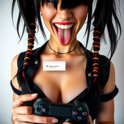 Extreme close-up of a stunning woman with black pigtails adorned with colorful stripes