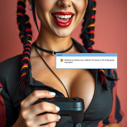 Extreme close-up of a stunning woman with black pigtails adorned with colorful stripes