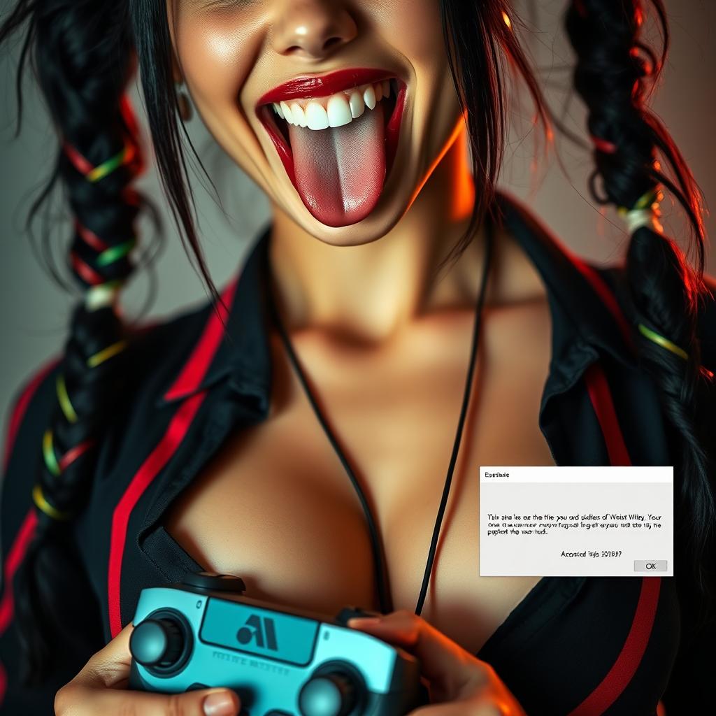 Extreme close-up of a stunning woman with black pigtails adorned with colorful stripes