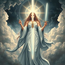 The majestic Goddess of The Ace of Swords stands in ethereal grace, embodying clarity and insight