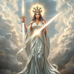 The majestic Goddess of The Ace of Swords stands in ethereal grace, embodying clarity and insight