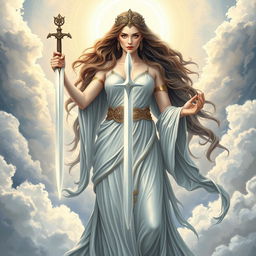 The majestic Goddess of The Ace of Swords stands in ethereal grace, embodying clarity and insight