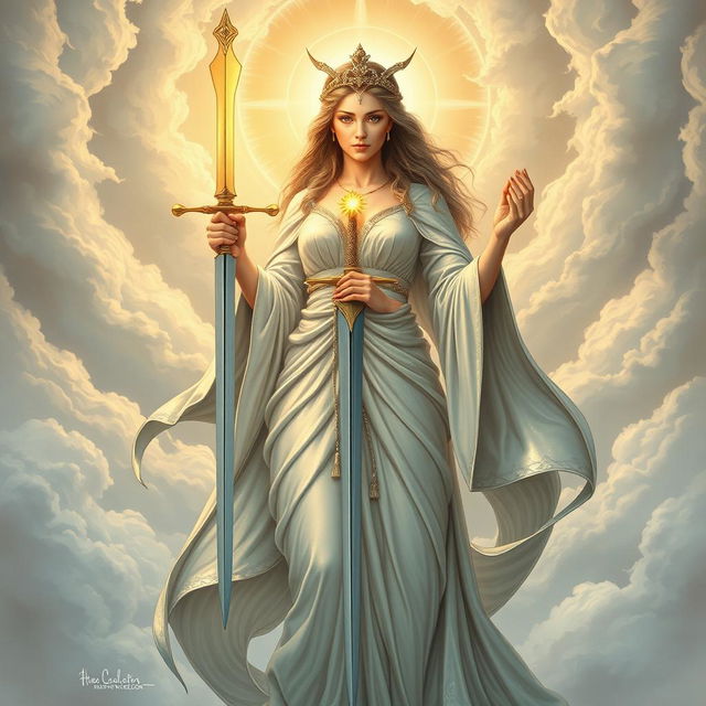 The majestic Goddess of The Ace of Swords stands in ethereal grace, embodying clarity and insight