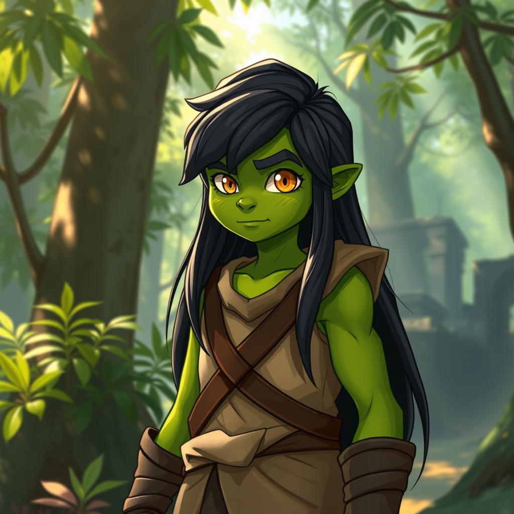 A youthful green-skinned half-orc with long, lustrous black hair cascading down his back, and bright, mesmerizing orange eyes