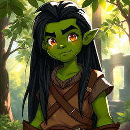 A youthful green-skinned half-orc with long, lustrous black hair cascading down his back, and bright, mesmerizing orange eyes