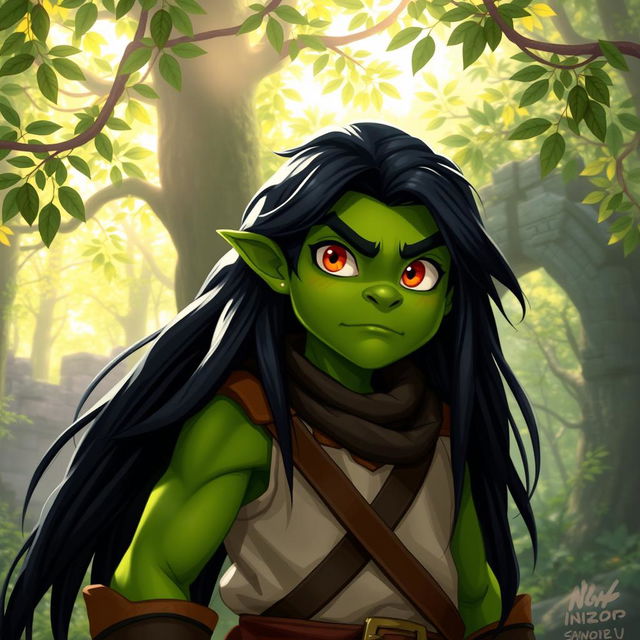 A youthful green-skinned half-orc with long, lustrous black hair cascading down his back, and bright, mesmerizing orange eyes