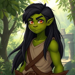 A youthful green-skinned half-orc with long, lustrous black hair cascading down his back, and bright, mesmerizing orange eyes