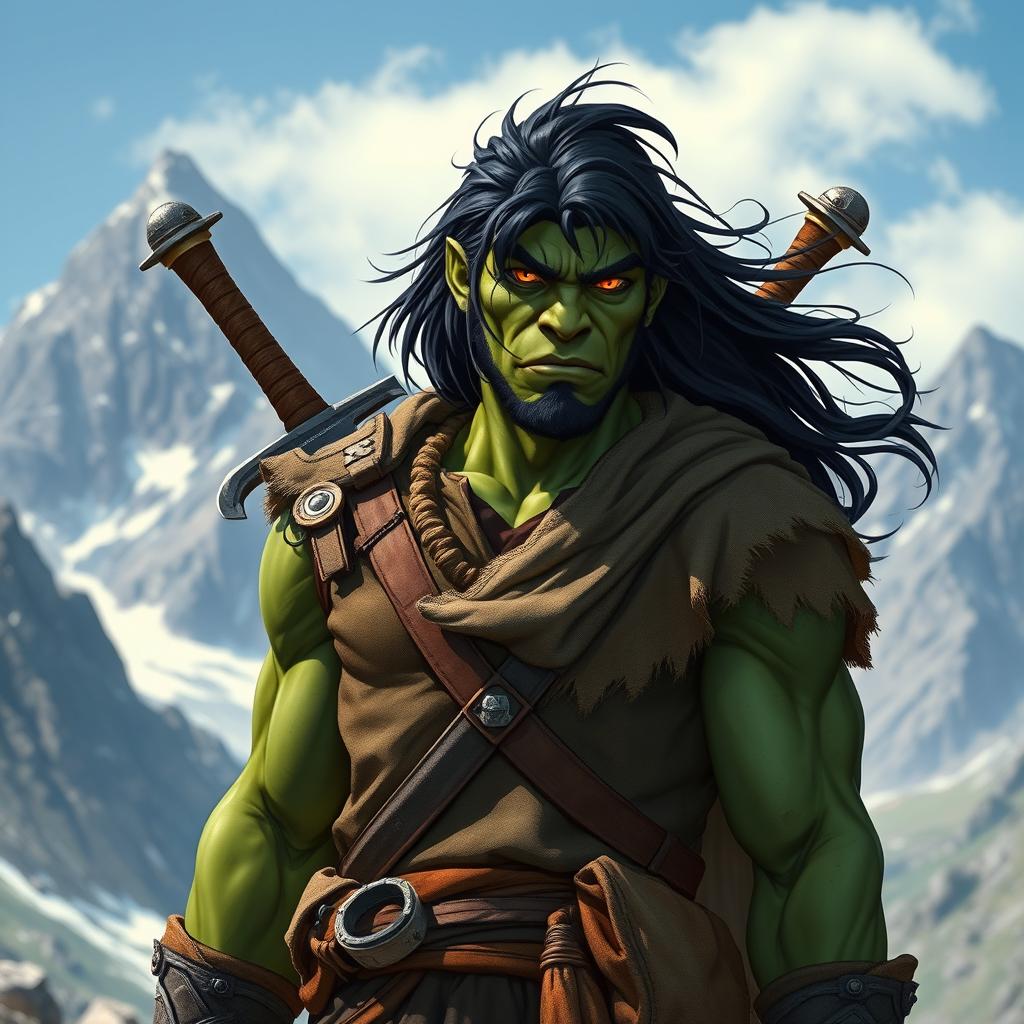 A 30-year-old green-skinned half-orc with flowing black hair and intense orange eyes