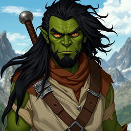 A 30-year-old green-skinned half-orc with flowing black hair and intense orange eyes