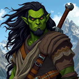 A 30-year-old green-skinned half-orc with flowing black hair and intense orange eyes