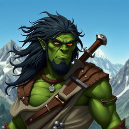 A 30-year-old green-skinned half-orc with flowing black hair and intense orange eyes