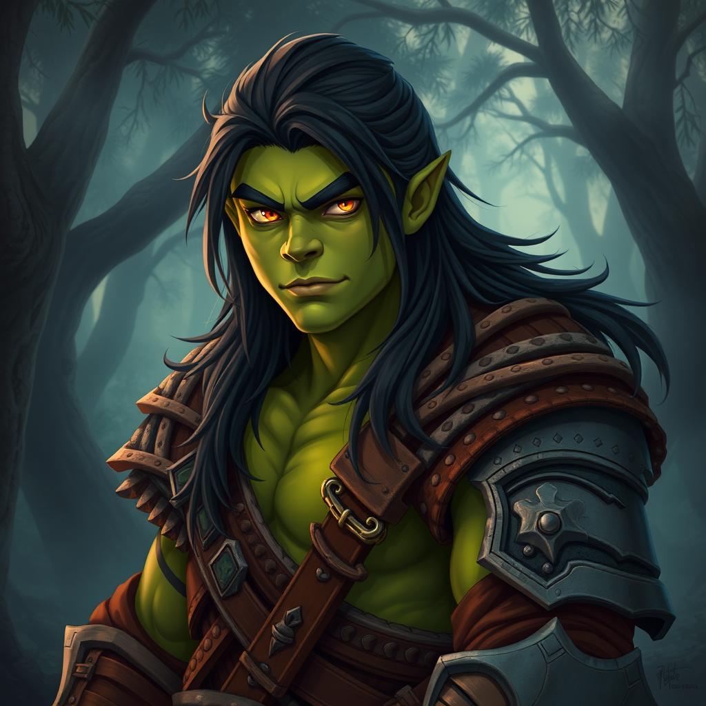 A 25-year-old green-skinned half-orc with long, flowing black hair and striking orange eyes