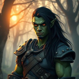 A 25-year-old green-skinned half-orc with long, flowing black hair and striking orange eyes