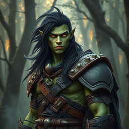 A 25-year-old green-skinned half-orc with long, flowing black hair and striking orange eyes