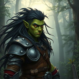 A 25-year-old green-skinned half-orc with long, flowing black hair and striking orange eyes