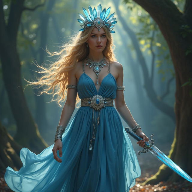 The Goddess of Swords, a divine and regal figure, stands with confidence and grace