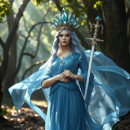 The Goddess of Swords, a divine and regal figure, stands with confidence and grace