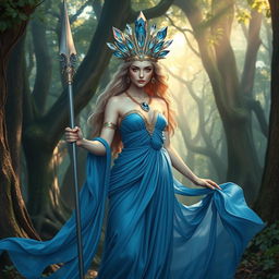 The Goddess of Swords, a divine and regal figure, stands with confidence and grace