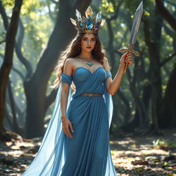 The Goddess of Swords, a divine and regal figure, stands with confidence and grace