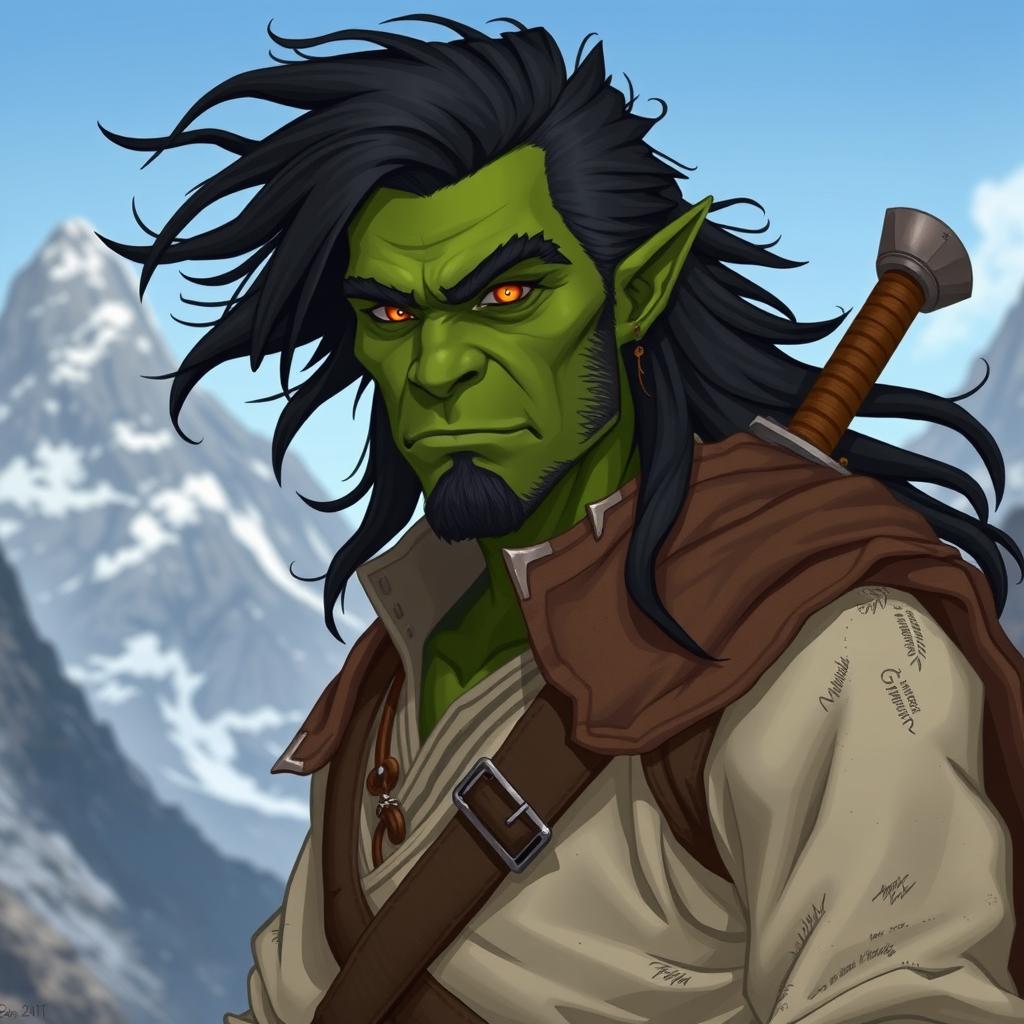 A 30-year-old green-skinned half-orc with flowing black hair and intense orange eyes