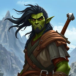 A 30-year-old green-skinned half-orc with flowing black hair and intense orange eyes