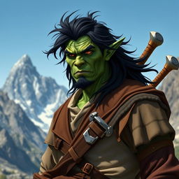 A 30-year-old green-skinned half-orc with flowing black hair and intense orange eyes