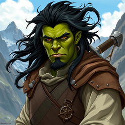 A 30-year-old green-skinned half-orc with flowing black hair and intense orange eyes