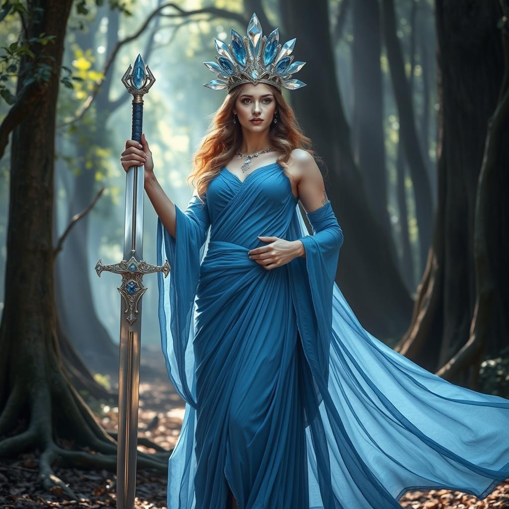 The Goddess of Swords, a divine and regal figure, stands with unwavering confidence and grace