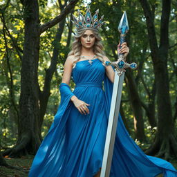 The Goddess of Swords, a divine and regal figure, stands with unwavering confidence and grace