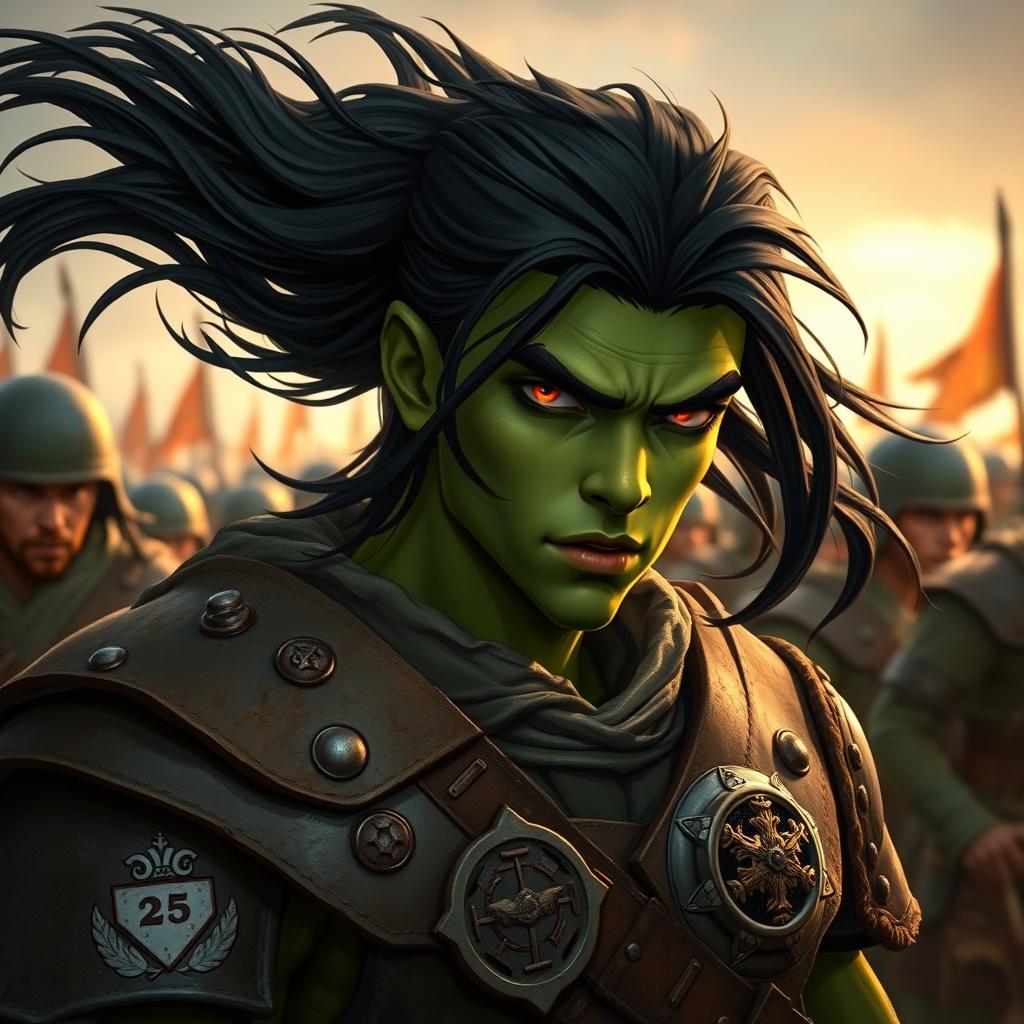 A 25-year-old green-skinned half-orc soldier with long, flowing black hair and striking orange eyes