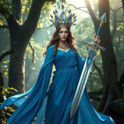 The Goddess of Swords, a divine and regal figure, stands with unwavering confidence and grace