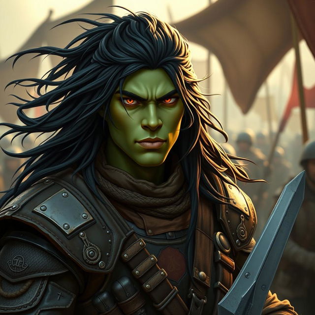 A 25-year-old green-skinned half-orc soldier with long, flowing black hair and striking orange eyes