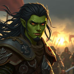 A 25-year-old green-skinned half-orc soldier with long, flowing black hair and striking orange eyes