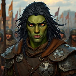 A 25-year-old green-skinned half-orc soldier with long, flowing black hair and striking orange eyes