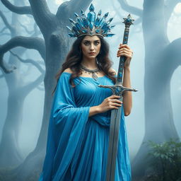 The Goddess of Swords, a commanding and enchanting figure, stands amidst a mystical setting, exuding confidence and grace