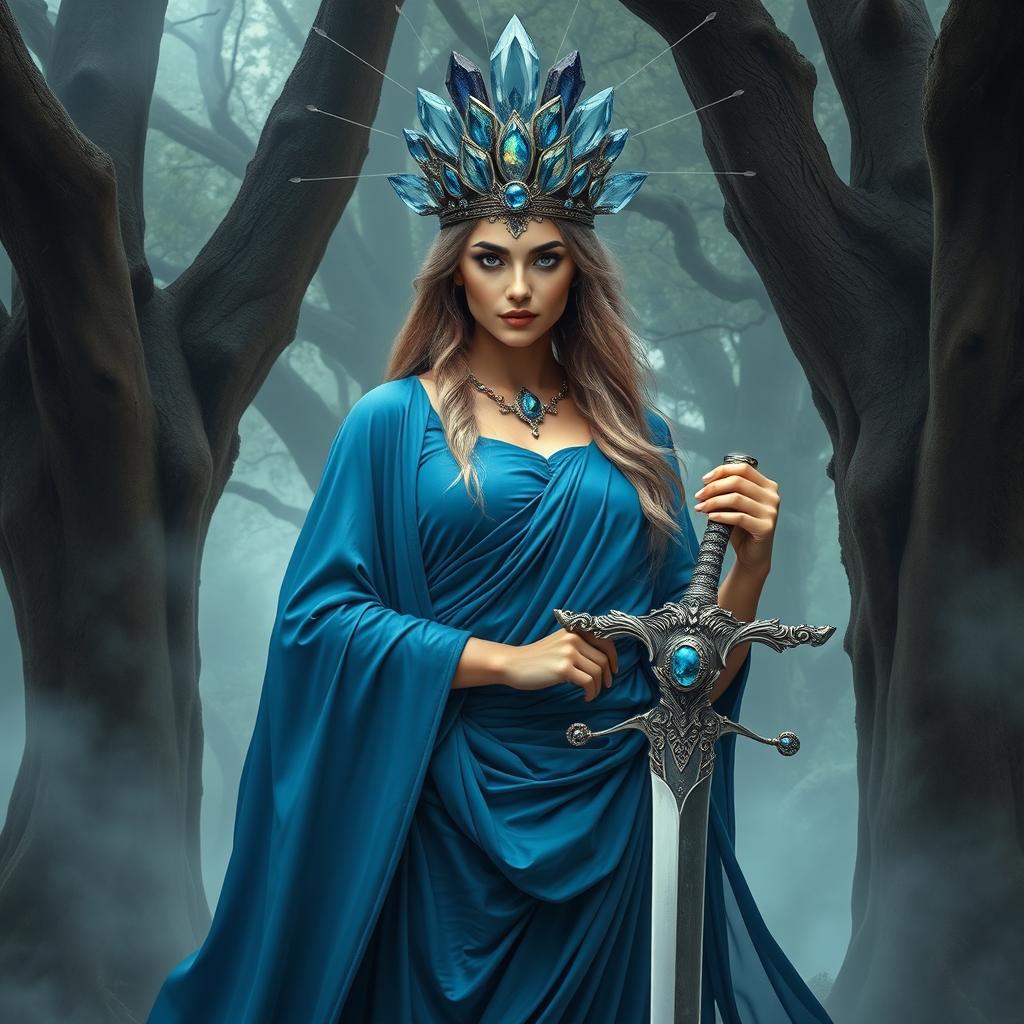 The Goddess of Swords, a commanding and enchanting figure, stands amidst a mystical setting, exuding confidence and grace