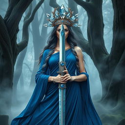 The Goddess of Swords, a commanding and enchanting figure, stands amidst a mystical setting, exuding confidence and grace