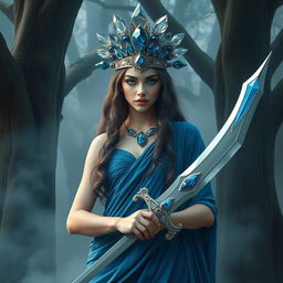 The Goddess of Swords, a commanding and enchanting figure, stands amidst a mystical setting, exuding confidence and grace