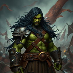 A 25-year-old green-skinned half-orc warrior with long, flowing black hair and vivid orange eyes