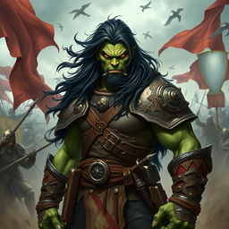 A 25-year-old green-skinned half-orc warrior with long, flowing black hair and vivid orange eyes