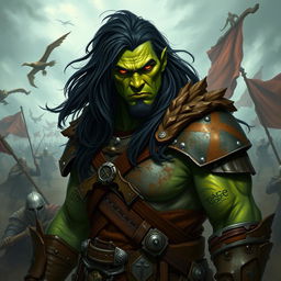 A 25-year-old green-skinned half-orc warrior with long, flowing black hair and vivid orange eyes