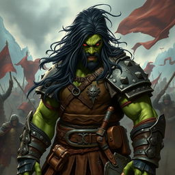 A 25-year-old green-skinned half-orc warrior with long, flowing black hair and vivid orange eyes