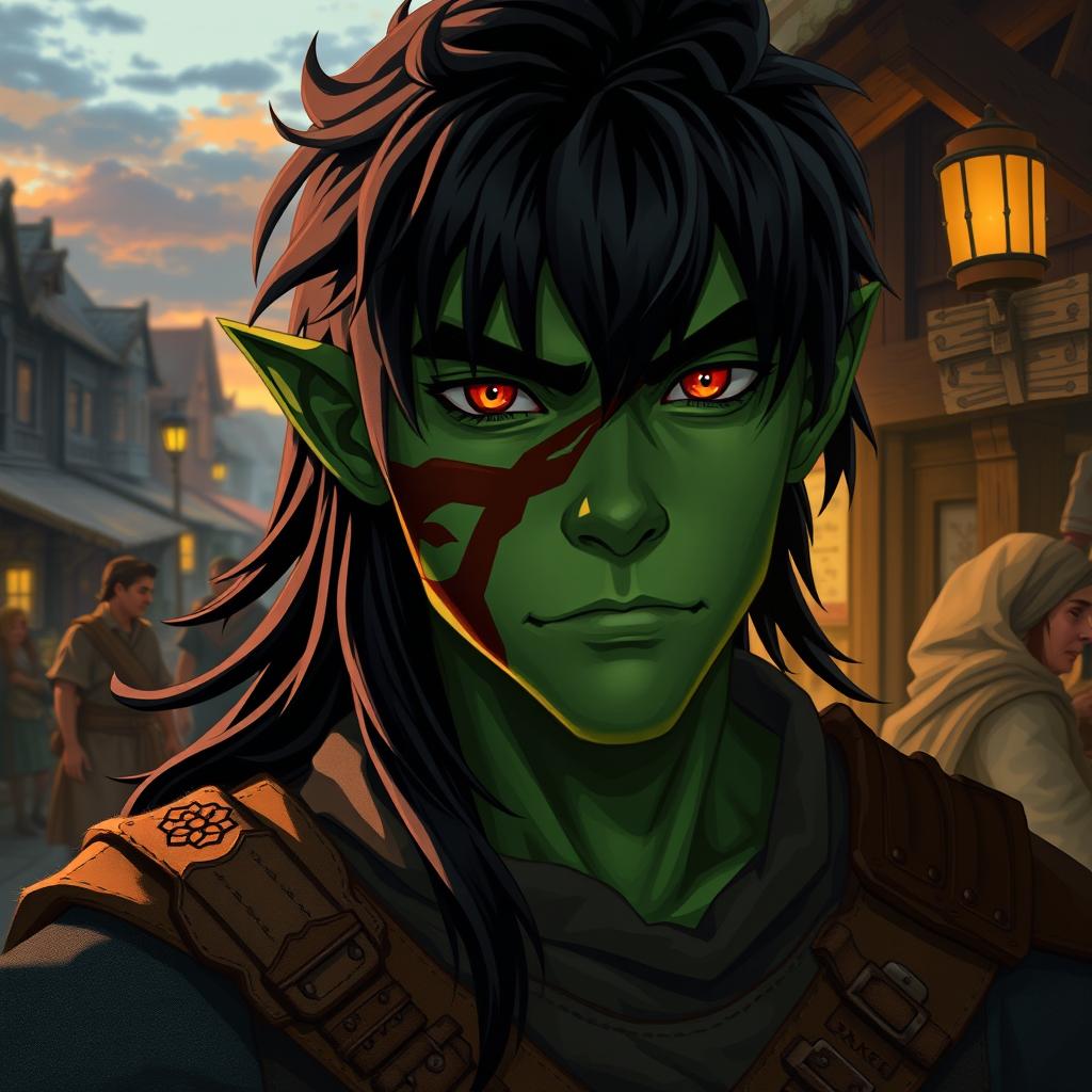 A 20-year-old green-skinned half-orc with long black hair and captivating orange eyes, proudly displaying a scar across his cheek from previous battles