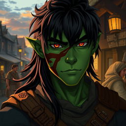 A 20-year-old green-skinned half-orc with long black hair and captivating orange eyes, proudly displaying a scar across his cheek from previous battles