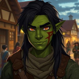 A 20-year-old green-skinned half-orc with long black hair and captivating orange eyes, proudly displaying a scar across his cheek from previous battles