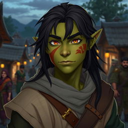 A 20-year-old green-skinned half-orc with long black hair and captivating orange eyes, proudly displaying a scar across his cheek from previous battles